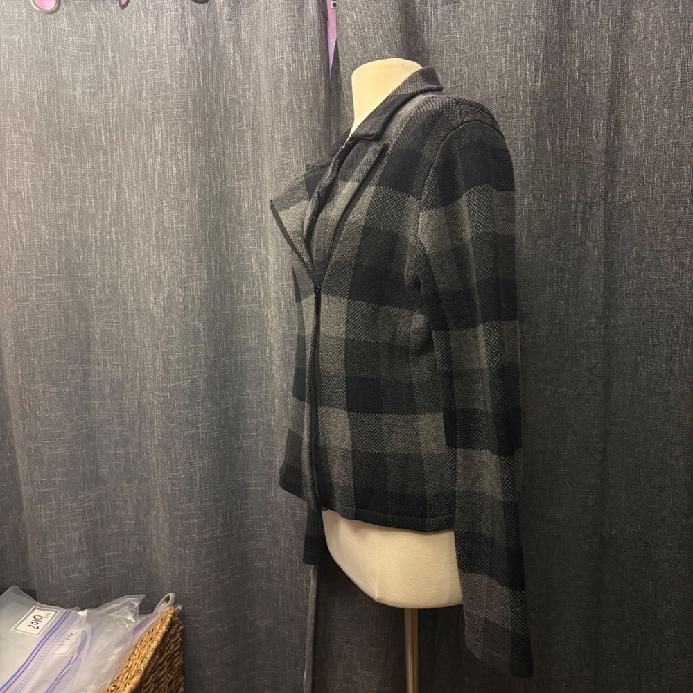 Chaps Gray Black Buffalo Plaid Asymmetrical Zip Moto Knit Jacket (Women's XL) - Picture 3 of 6